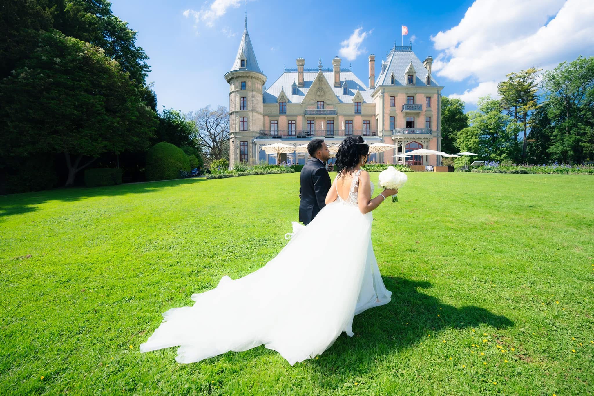 Romantic bride and groom bouquet portrait