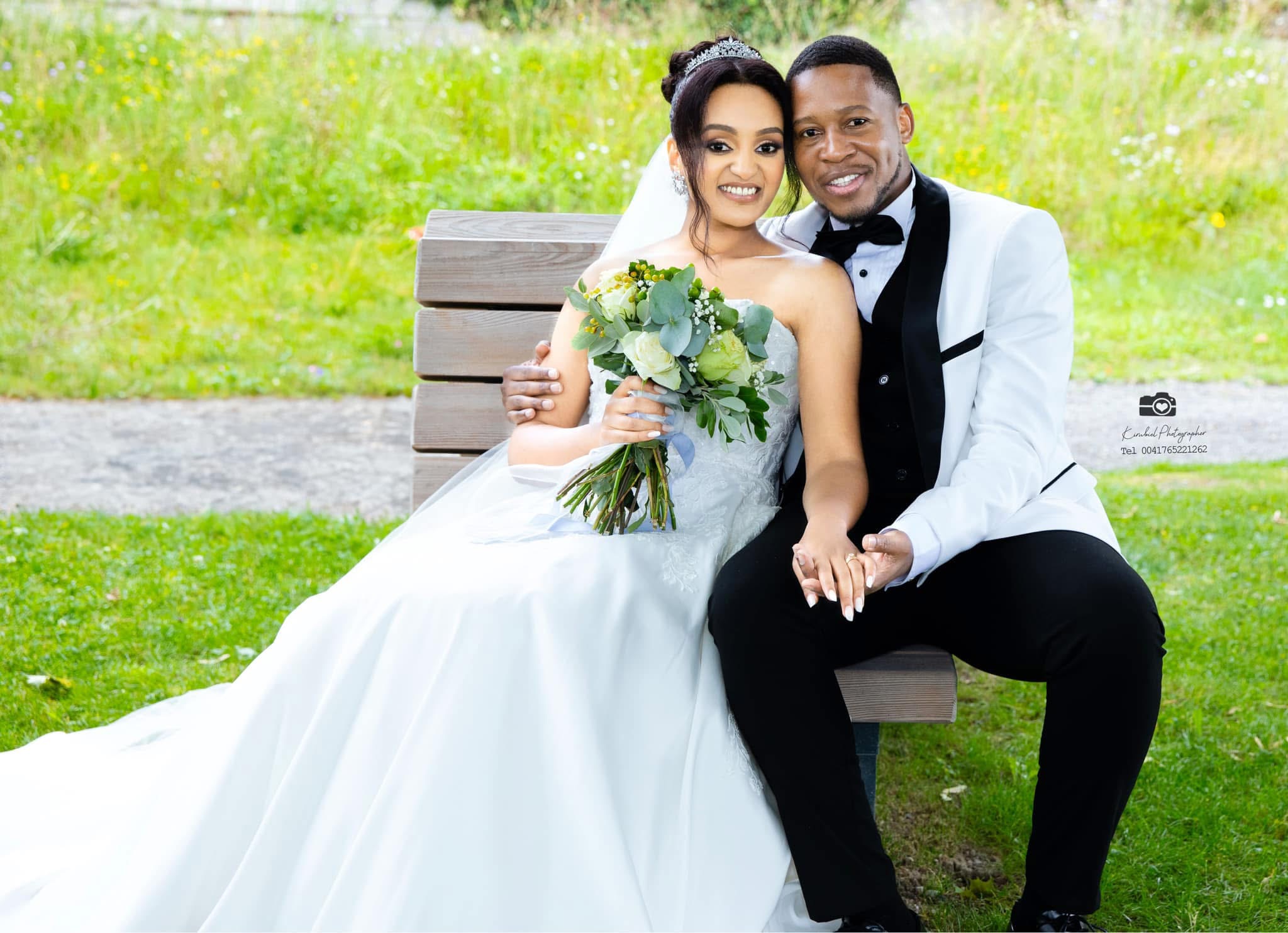 Bride and groom near elegant castle